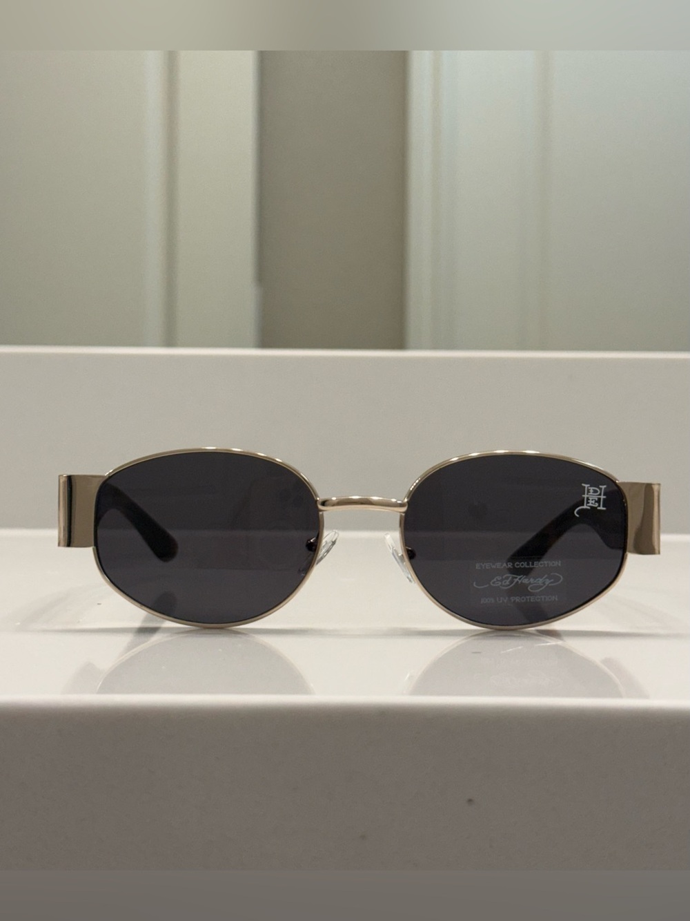 Ed Hardy Gold Metal Oval Sunglasses with DARK GREY Lenses NWOT